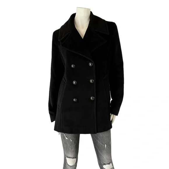 Stunning Karl Lagerfeld Black Double Breasted Wool Cashmere Pea Coat Jacket - Picture 2 of 11